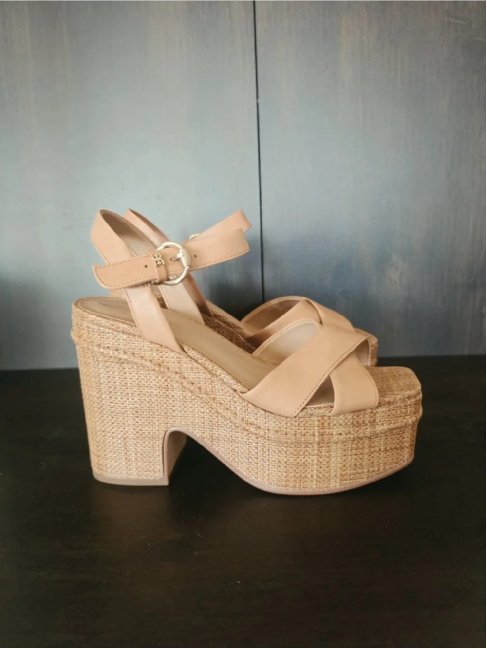 Sam Edelman Trianna LEATHER Woven Jute Raffia Block Heel Sandals 7.5 M Tan Brown